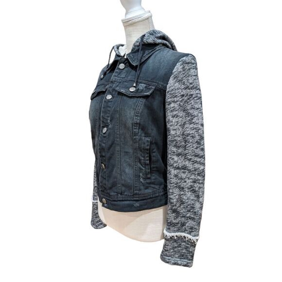 Free People Women's Black & Grey Distressed Denim Jacket Knit Sleeves Size S - Picture 4 of 11